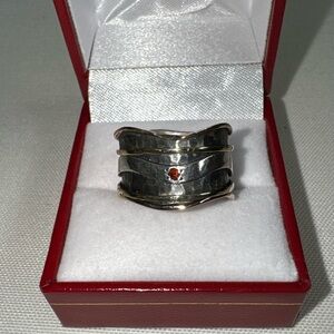 Sundance Silver and Gold Wave Spinner Ring with Garnet Accent